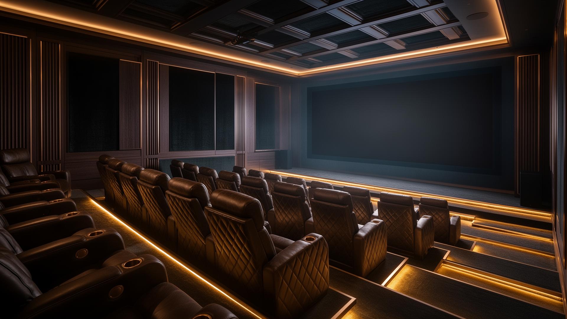 Tiered private cinema with concealed aisle lighting and quilted leather seating