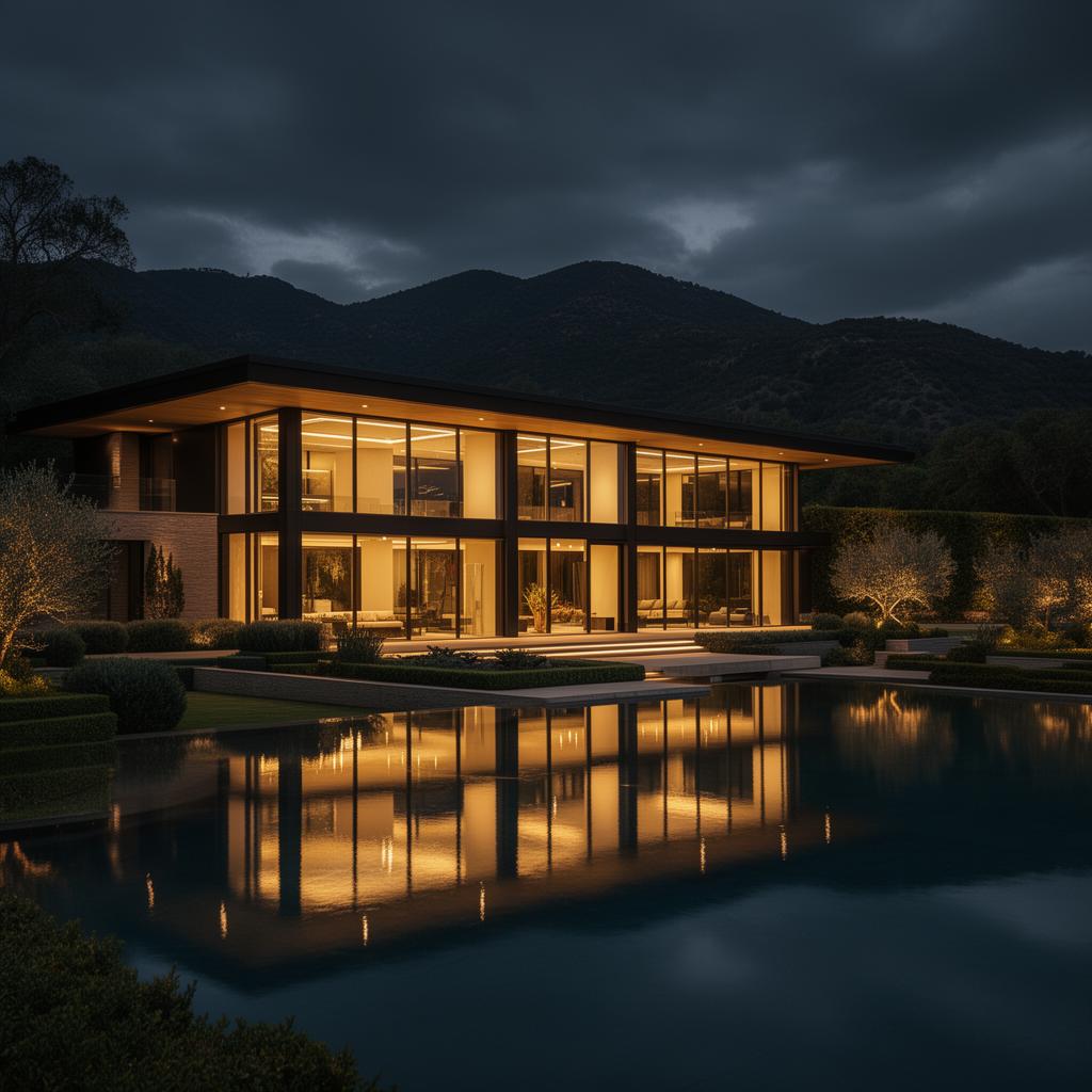 Ultra-luxury contemporary estate at twilight with reflecting pool